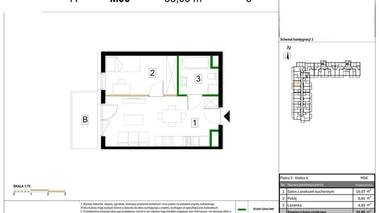 Rzut - Mieszkanie na sprzedaż 2 pokoje o powierzchni 33,65 m² - numer M56 w Zagórskie Tarasy