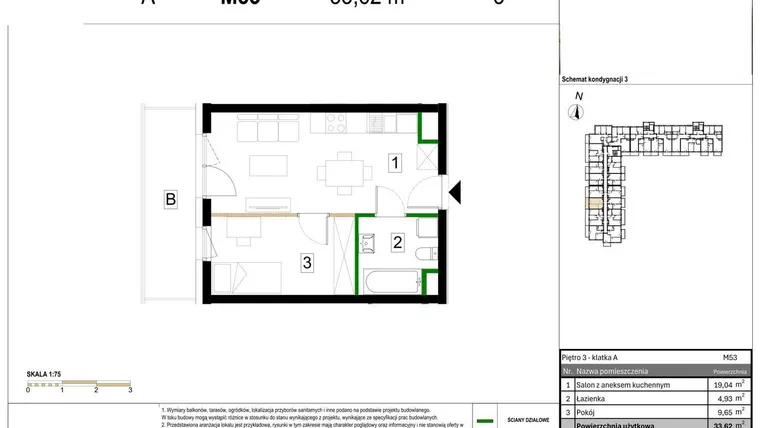 Rzut - Mieszkanie na sprzedaż 2 pokoje o powierzchni 33,62 m² - numer M53 w Zagórskie Tarasy