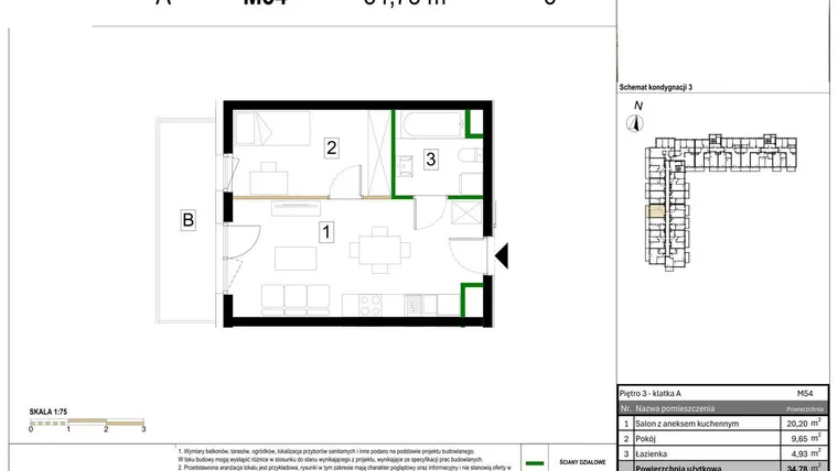 Rzut - Mieszkanie na sprzedaż 2 pokoje o powierzchni 34,78 m² - numer M54 w Zagórskie Tarasy