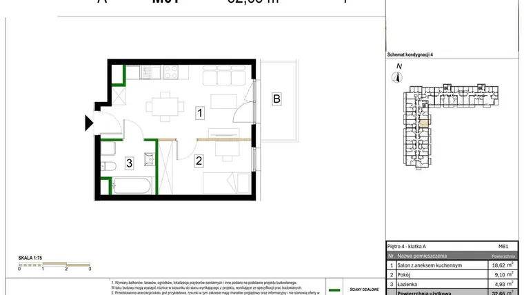 Rzut - Mieszkanie na sprzedaż 2 pokoje o powierzchni 32,65 m² - numer M61 w Zagórskie Tarasy