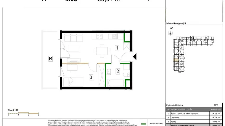 Rzut - Mieszkanie na sprzedaż 2 pokoje o powierzchni 33,94 m² - numer M68 w Zagórskie Tarasy