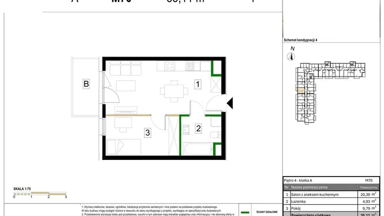 Rzut - Mieszkanie na sprzedaż 2 pokoje o powierzchni 35,11 m² - numer M70 w Zagórskie Tarasy