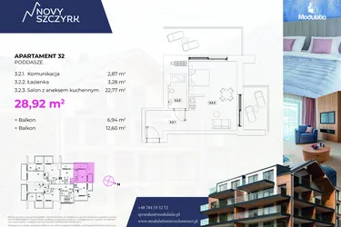 Rzut - Mieszkanie na sprzedaż 1 pokój o powierzchni 28,92 m² - numer 32 w Novy Szczyrk