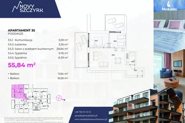Rzut - Mieszkanie na sprzedaż 3 pokoje o powierzchni 55,84 m² - numer 35 w Novy Szczyrk