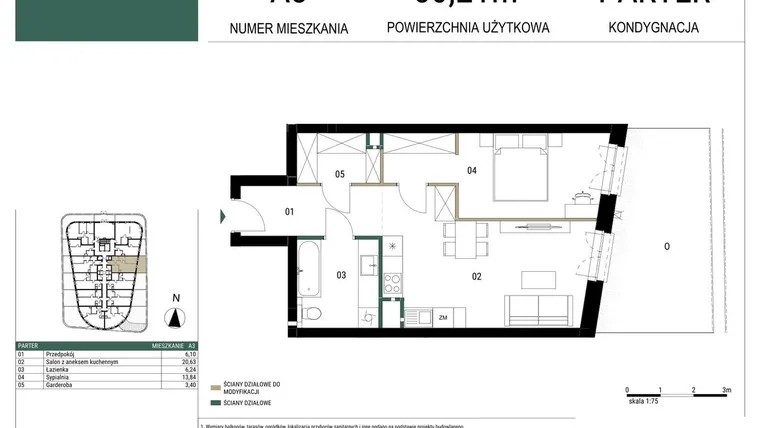 Rzut - Mieszkanie na sprzedaż 2 pokoje o powierzchni 50,21 m² - numer A3 w Drago
