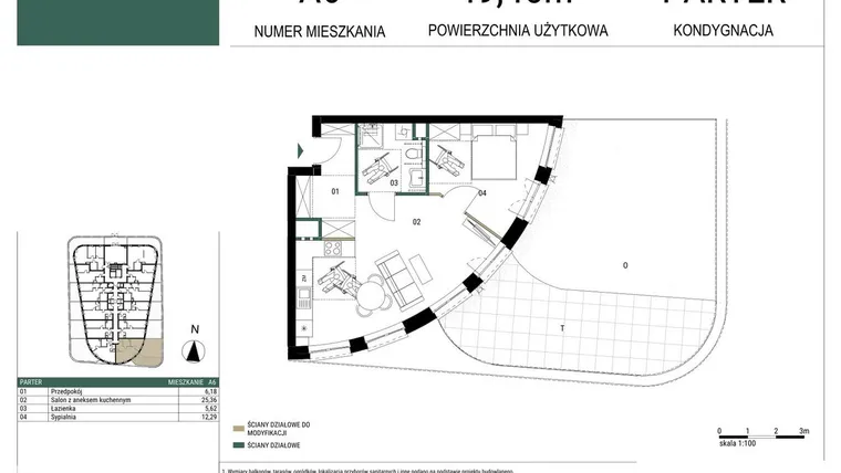 Rzut - Mieszkanie na sprzedaż 2 pokoje o powierzchni 49,45 m² - numer A6 w Drago