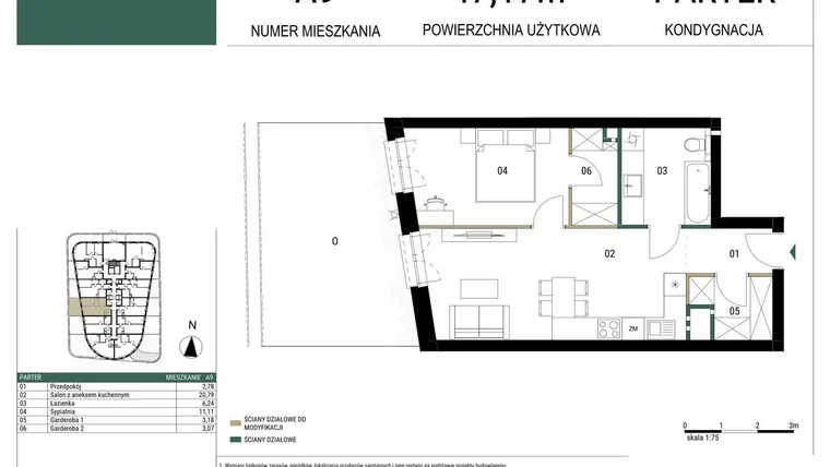 Rzut - Mieszkanie na sprzedaż 2 pokoje o powierzchni 47,17 m² - numer A9 w Drago