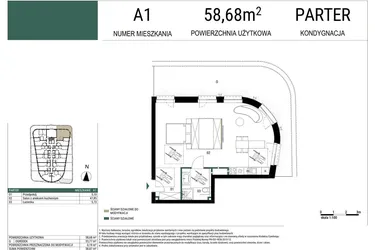 Rzut - Mieszkanie na sprzedaż 1 pokój o powierzchni 58,68 m² - numer A1 w Drago