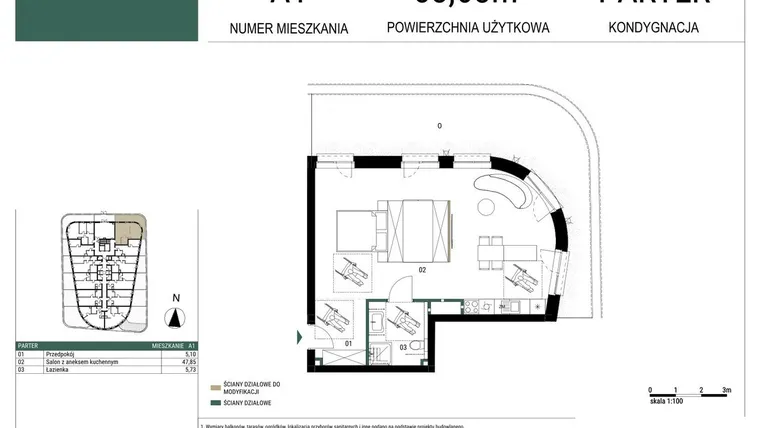 Rzut - Mieszkanie na sprzedaż 1 pokój o powierzchni 58,68 m² - numer A1 w Drago