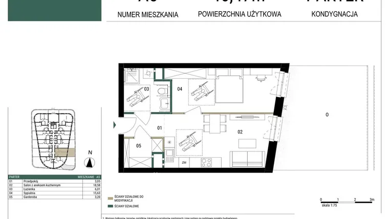 Rzut - Mieszkanie na sprzedaż 2 pokoje o powierzchni 46,47 m² - numer A5 w Drago