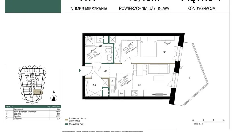 Rzut - Mieszkanie na sprzedaż 2 pokoje o powierzchni 46,46 m² - numer A17 w Drago