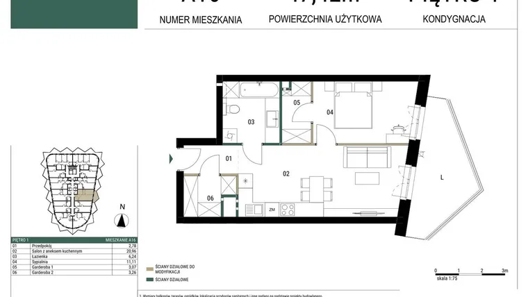 Rzut - Mieszkanie na sprzedaż 2 pokoje o powierzchni 47,42 m² - numer A16 w Drago