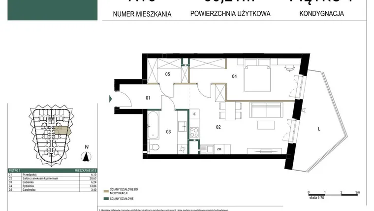 Rzut - Mieszkanie na sprzedaż 2 pokoje o powierzchni 50,21 m² - numer A15 w Drago