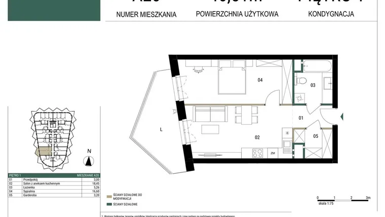 Rzut - Mieszkanie na sprzedaż 2 pokoje o powierzchni 46,51 m² - numer A20 w Drago