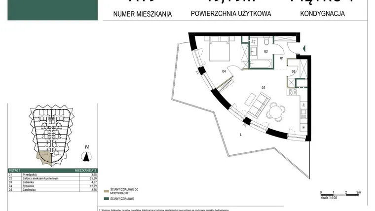 Rzut - Mieszkanie na sprzedaż 2 pokoje o powierzchni 49,19 m² - numer A19 w Drago