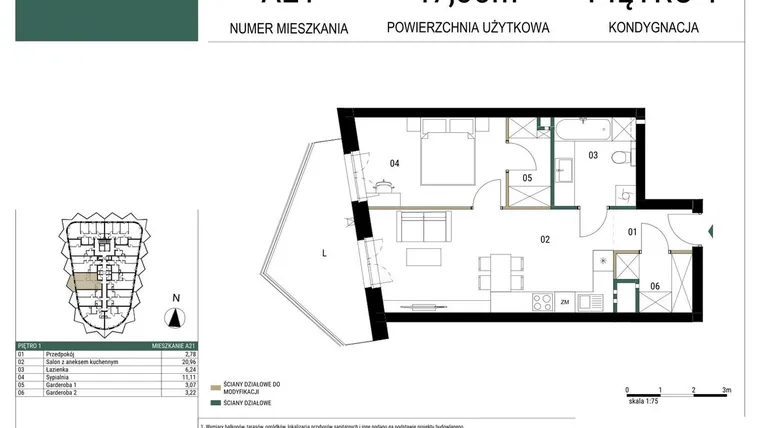 Rzut - Mieszkanie na sprzedaż 2 pokoje o powierzchni 47,38 m² - numer A21 w Drago