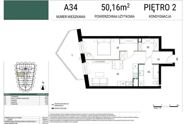 Rzut - Mieszkanie na sprzedaż 2 pokoje o powierzchni 50,16 m² - numer A34 w Drago