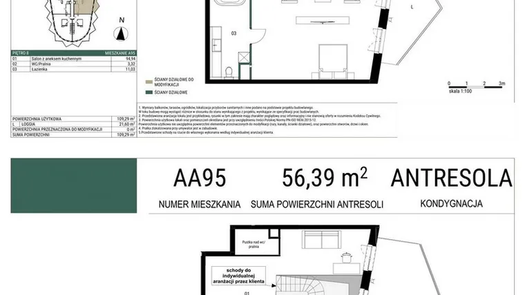 Rzut - Mieszkanie na sprzedaż 1 pokój o powierzchni 109,29 m² - numer A95 w Drago