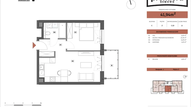 Rzut - Mieszkanie na sprzedaż 2 pokoje o powierzchni 41,94 m² - numer C.13 w Premiera Bemowo