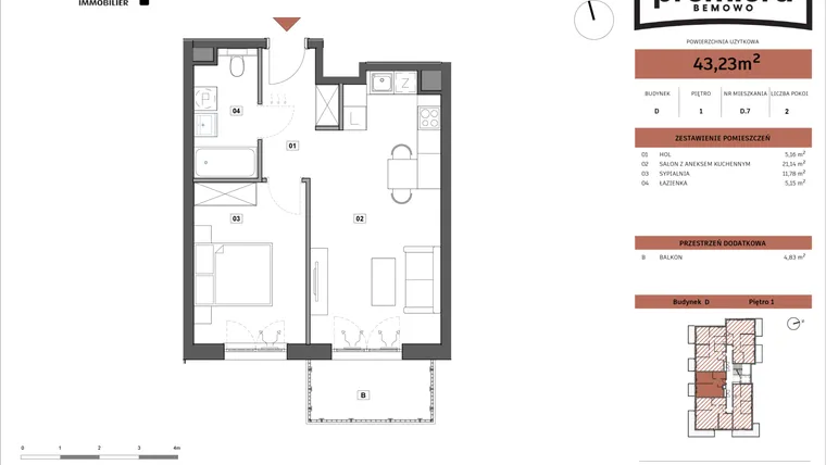 Rzut - Mieszkanie na sprzedaż 2 pokoje o powierzchni 43,23 m² - numer D.07 w Premiera Bemowo