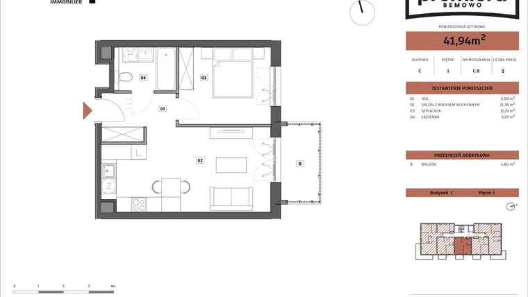 Rzut - Mieszkanie na sprzedaż 2 pokoje o powierzchni 41,94 m² - numer C.08 w Premiera Bemowo