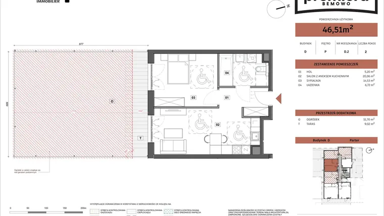 Rzut - Mieszkanie na sprzedaż 2 pokoje o powierzchni 46,51 m² - numer D.02 w Premiera Bemowo