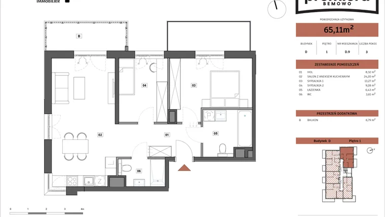 Rzut - Mieszkanie na sprzedaż 3 pokoje o powierzchni 65,11 m² - numer D.09 w Premiera Bemowo