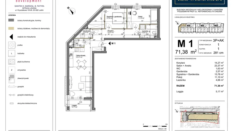Rzut - Mieszkanie na sprzedaż 3 pokoje o powierzchni 71,38 m² - numer 1 w Nowa Reformacka