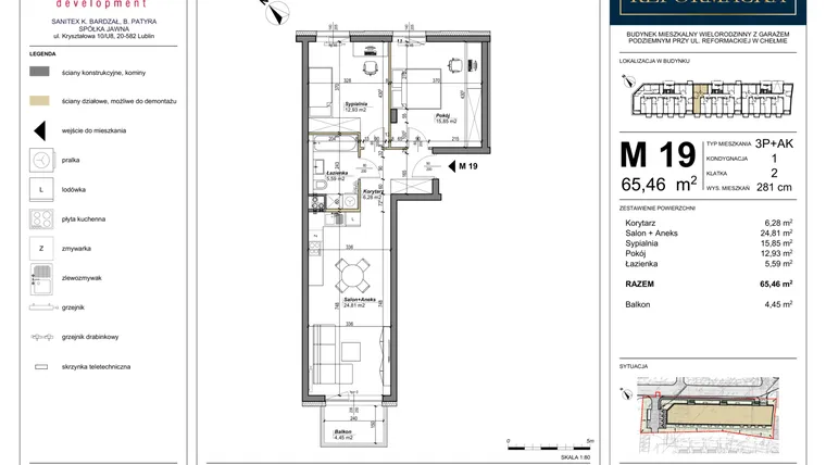 Rzut - Mieszkanie na sprzedaż 3 pokoje o powierzchni 65,46 m² - numer 19 w Nowa Reformacka