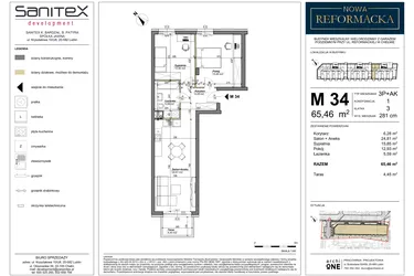 Rzut - Mieszkanie na sprzedaż 3 pokoje o powierzchni 65,46 m² - numer 34 w Nowa Reformacka