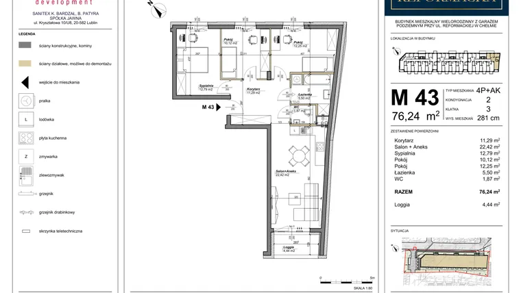 Rzut - Mieszkanie na sprzedaż 4 pokoje o powierzchni 76,24 m² - numer 43 w Nowa Reformacka