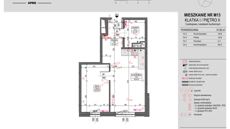 Rzut - Mieszkanie na sprzedaż 2 pokoje o powierzchni 37,9 m² - numer M13 w Antczaka 46