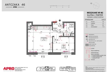 Rzut - Mieszkanie na sprzedaż 2 pokoje o powierzchni 33 m² - numer M2 w Antczaka 46