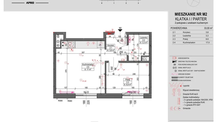 Rzut - Mieszkanie na sprzedaż 2 pokoje o powierzchni 33 m² - numer M2 w Antczaka 46