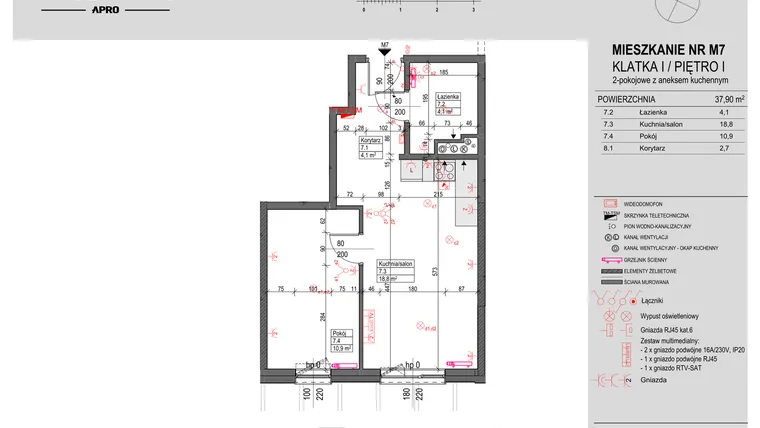 Rzut - Mieszkanie na sprzedaż 2 pokoje o powierzchni 37,9 m² - numer M7 w Antczaka 46
