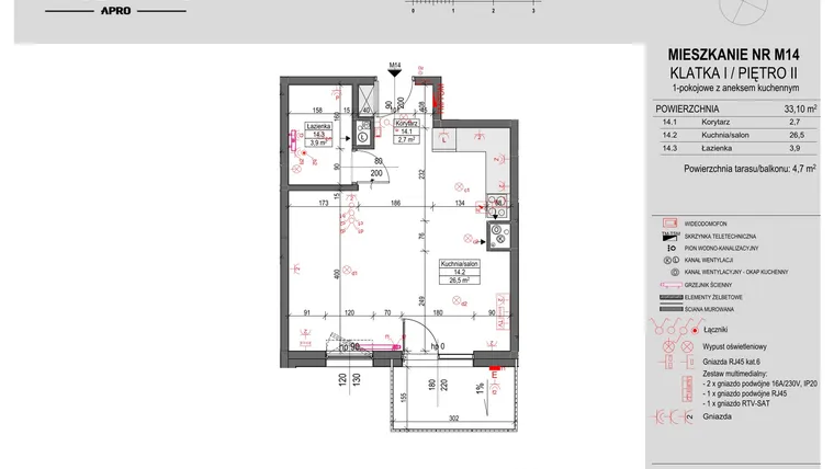 Rzut - Mieszkanie na sprzedaż 1 pokój o powierzchni 33,1 m² - numer M14 w Antczaka 46