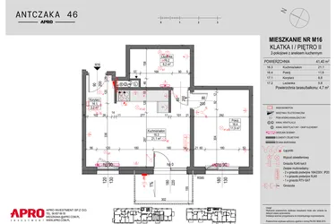 Rzut - Mieszkanie na sprzedaż 2 pokoje o powierzchni 41,4 m² - numer M16 w Antczaka 46