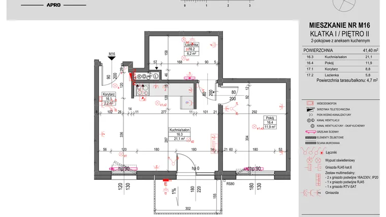 Rzut - Mieszkanie na sprzedaż 2 pokoje o powierzchni 41,4 m² - numer M16 w Antczaka 46