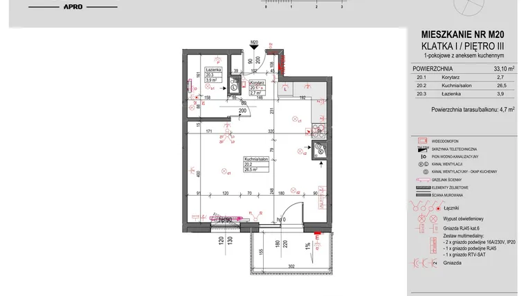 Rzut - Mieszkanie na sprzedaż 1 pokój o powierzchni 33,1 m² - numer M20 w Antczaka 46
