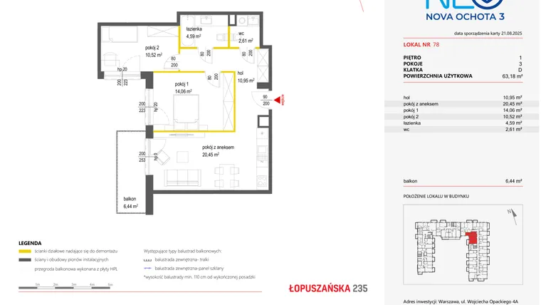 Rzut - Mieszkanie na sprzedaż 3 pokoje o powierzchni 63,18 m² - numer 78 w Neo Nova Ochota 3