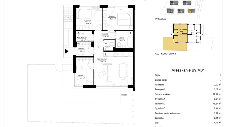 Rzut - Mieszkanie na sprzedaż 4 pokoje o powierzchni 71,23 m² - numer 9.1 w River Park