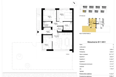 Rzut - Mieszkanie na sprzedaż 4 pokoje o powierzchni 71,23 m² - numer 11.1 w River Park