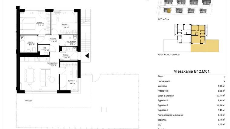 Rzut - Mieszkanie na sprzedaż 4 pokoje o powierzchni 71,23 m² - numer 12.1 w River Park