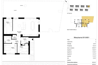Rzut - Mieszkanie na sprzedaż 4 pokoje o powierzchni 89,82 m² - numer 19.1 w River Park