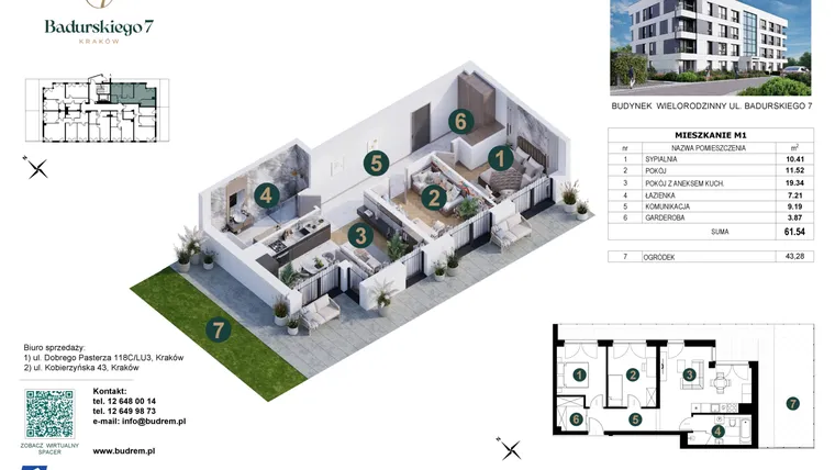 Rzut - Mieszkanie na sprzedaż 3 pokoje o powierzchni 61,54 m² - numer 1 w Badurskiego 7