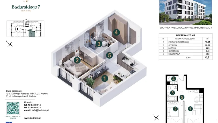 Rzut - Mieszkanie na sprzedaż 2 pokoje o powierzchni 42,21 m² - numer 3 w Badurskiego 7