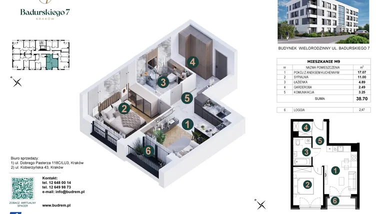 Rzut - Mieszkanie na sprzedaż 2 pokoje o powierzchni 38,7 m² - numer 9 w Badurskiego 7