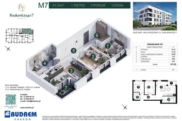 Rzut - Mieszkanie na sprzedaż 3 pokoje o powierzchni 61,53 m² - numer 7 w Badurskiego 7