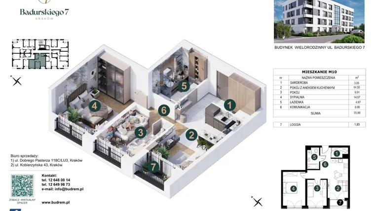 Rzut - Mieszkanie na sprzedaż 3 pokoje o powierzchni 55,86 m² - numer 10 w Badurskiego 7