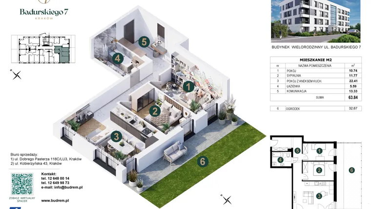Rzut - Mieszkanie na sprzedaż 3 pokoje o powierzchni 63,84 m² - numer 2 w Badurskiego 7